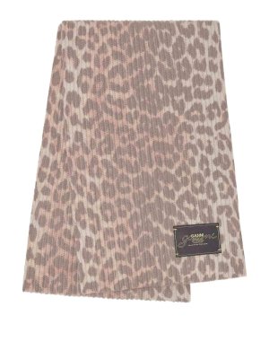 GANNI: scarves - Graphic Wool Knit Scarf Leopard
