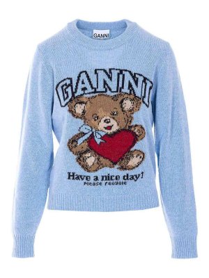 GANNI: crew necks - Light Blue Graphic Bear Sweater