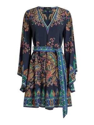 ETRO: short dresses - Blue Mini Dress In Silk With Print And Belt
