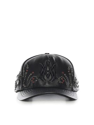 AMIRI: hats & caps - Leather Hat With Crystals And Logo