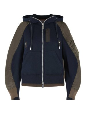 Sacai: Sweatshirts & Sweaters - Hoodie In Navy Cotton And Khaki Blend