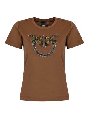 Pinko: t-shirt - T-Shirt Quentin Con Logo Gioiello Marrone