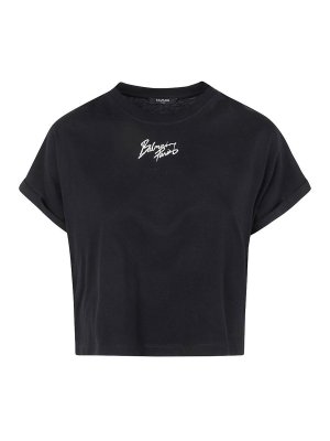 Balmain: t-shirts - Logo Cotton Cropped T-Shirt