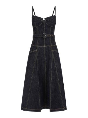 Self Portrait: knee length dresses - Indigo Denim Flared Midi Dress