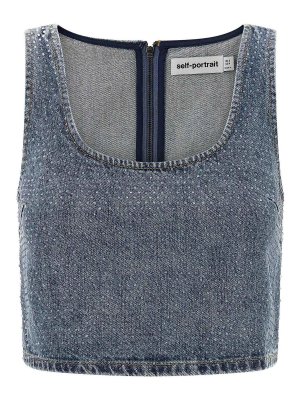 Self Portrait: Tops & Tank tops - Rhinestone Denim Crop Top