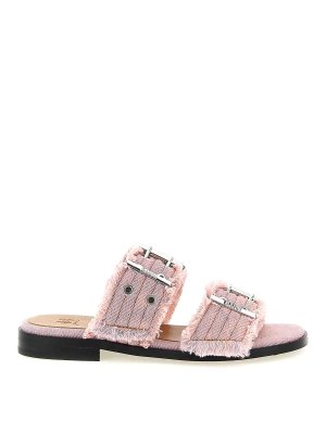 GANNI: sandals - Feminine Buckle Fringed Denim Sandals