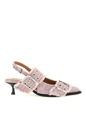 GANNI: sandals - Feminine Buckle Fringed Denim Slingback