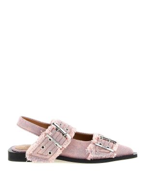 GANNI: sandals - Feminine Buckle Fringed Denim Slingback