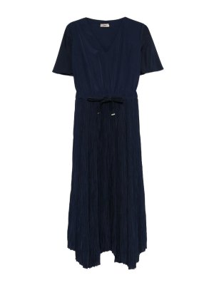 HERNO: knee length dresses - Pleated Skirt Midi Dress In Navy Blue Fabric