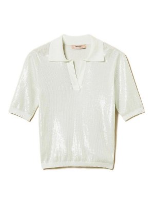 TWINSET: polo - Polo Con Paillettes In Cotone Blu Acqua