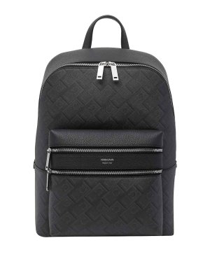 FERRAGAMO: zaini - Zaino Gancini goffrato nero e grigio