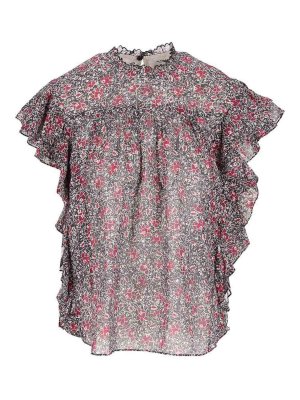 Isabel Marant Etoile: Tops & Tank tops - Black Floral Print Top With Ruffle Trim