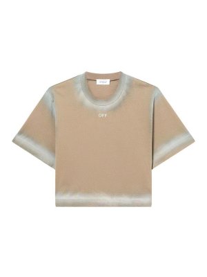 OFF-WHITE: t-shirts - Crop T-Shirt In Beige With Logo