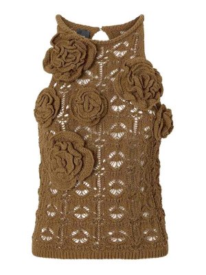 Pinko: Tops & Tank tops - Nymphaea Top In Brown Knitwear With Roses