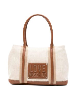 LOVE MOSCHINO: totes bags - Beige Cotton Shopping Bag With Embossed Logo