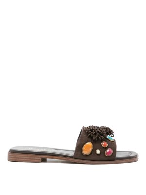 TWINSET: sandals - Brown Leather Slides With Embellished Stones