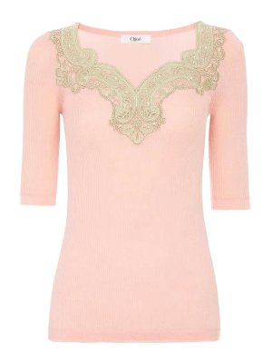 CHLOE': maglia collo rotondo - Maglione aderente in maglia di lana e pizzo