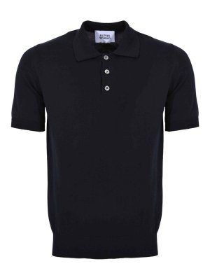 ALPHA STUDIO: polo shirts - Midnight Blue Cotton Yarn Polo Shirt