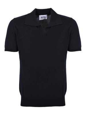 ALPHA STUDIO: polo shirts - Midnight Blue Cotton Crepe Polo Shirt