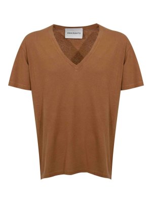AMARANTO: t-shirts - Brown Cotton V-Neck T-Shirt