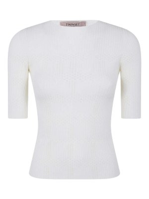 TWINSET: Suéteres con cuello pico - Suéter Cuello Redondo - Crema