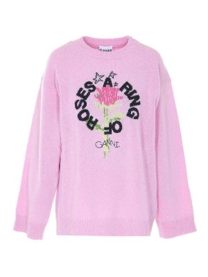 GANNI: crew necks - Pink Graphic Wool Sweater