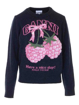 GANNI: crew necks - Blue Graphic Wool Sweater