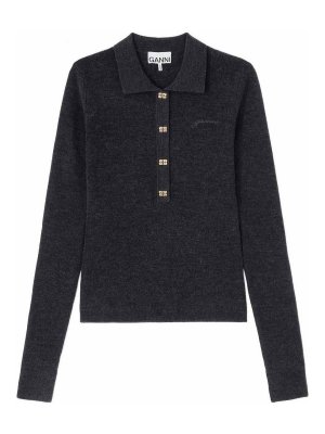 GANNI: polo - Mini Ribbed Merino Polo
