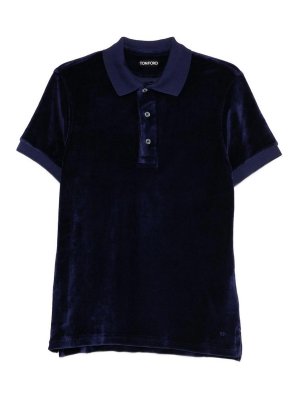 TOM FORD: polo shirts - Navy Blue Velvet Short-Sleeved Polo Shirt