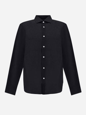 HERNO: shirts - Long-Sleeved Navy Blue Linen Shirt