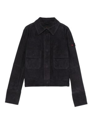 PEUTEREY: leather jacket - Era navy blue suede jacket with front pockets