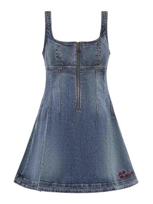 Self Portrait: abiti corti - Mini Abito Svasato In Denim Con Logo