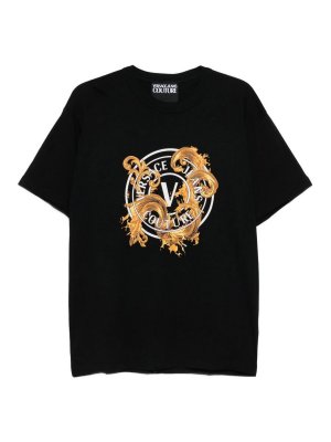 VERSACE JEANS: t-shirts - Black cotton t-shirt with print