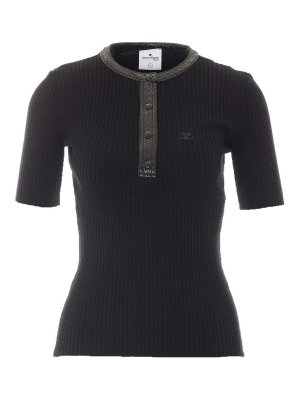 Courreges: t-shirts - Courreges black contrasted vinyl t-shirt