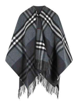 BURBERRY: cappotti al ginocchio - mantella in cashmere grigio 'check'