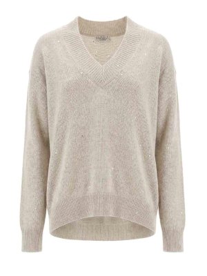 BRUNELLO CUCINELLI: Strickpullover mit V-Ausschnitt - V-Pullover - Weiß