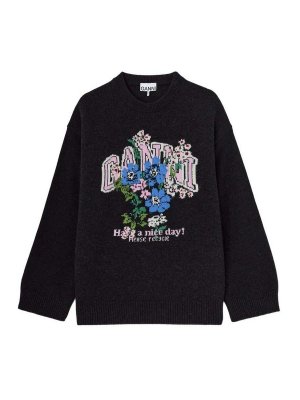 GANNI: maglia collo rotondo - Maglione oversize in lana grafica con fiori