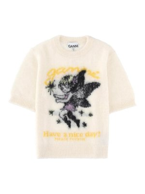 GANNI: Strickpullover mit Rundhalsausschnitt - Rundhalspullover - Weiß