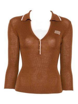 ELISABETTA FRANCHI: v necks - Maglia Tricot Sigaro/Nude