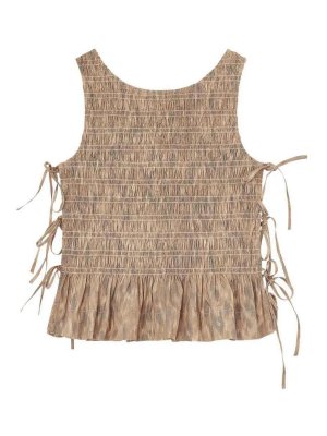 GANNI: Tops & Tank tops - Printed Stretch Cotton Smocked Tie String Top
