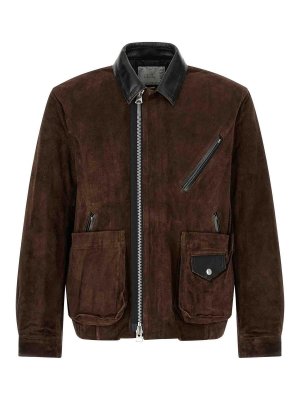 Sacai: cappotti in pelle - Giubbotto in pelle scamosciata