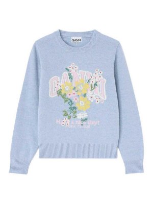 GANNI: Suéteres con cuello pico - Suéter Cuello Redondo - Azul Claro