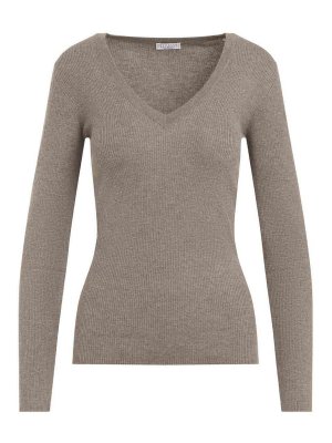 BRUNELLO CUCINELLI: Suéteres con cuello pico - Suéter Con Cuello De Pico - Marrón