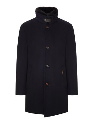 MOORER: knee length coats - Cashmere Blend Coat With Fur Collar