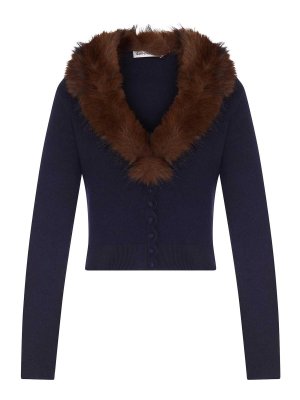 Self Portrait: cardigans - Short Knit Cardigan With Faux Fur Collar
