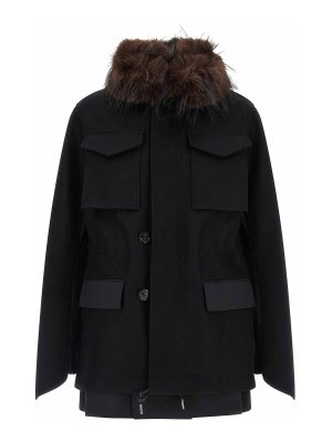 Sacai: cappotti al ginocchio - Cappotto di lana con inserto in pelliccia
