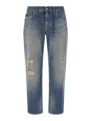 DOLCE & GABBANA: straight leg jeans - Destroyed Logo Plaque Jeans