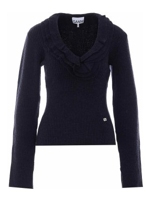 GANNI: Suéteres con cuello pico - Suéter Cuello Redondo - Azul