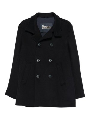 HERNO: short coats - Navy Blue Double-Breasted Short Coat
