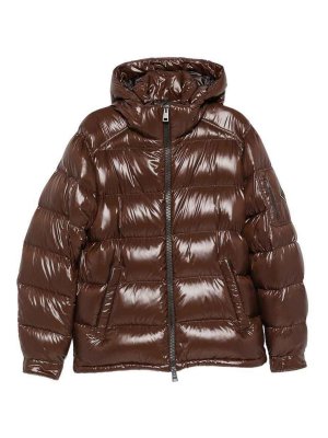 HERNO: padded jackets - Brown Glossy Short Puffer Jacket With Hood